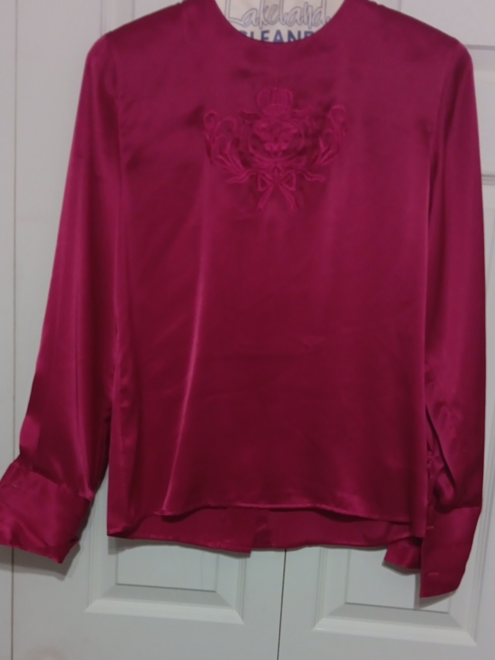 Jones New York Fuchsia Satin Embroidered Long-Sleeve Blouse